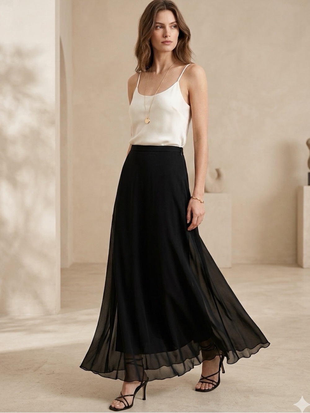 Vintage LILLIE RUBIN Black Silk Chiffon 3 Layer Flowy Maxi Luxury Skirt Size 10